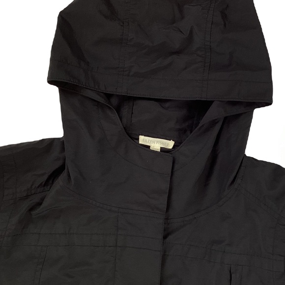 Eileen Fisher Hooded Rain Coat Black. Sz Large - Picture 4 of 11